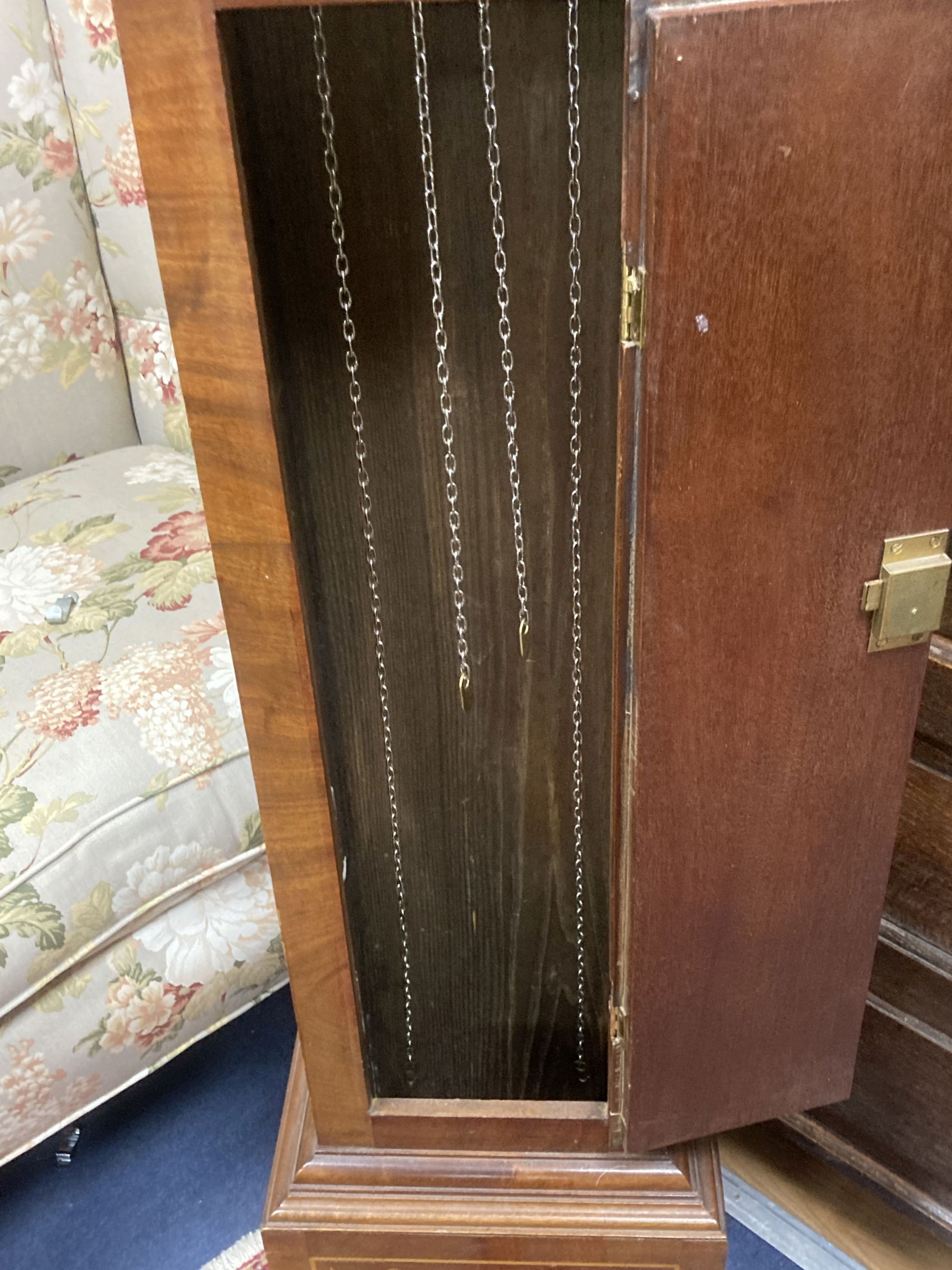 A reproduction marquetry inlaid walnut grandmother clock, height 151cm